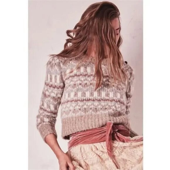 💕LOVESHACKFANCY💕 Cropped Fair Isle Sweater ~ Alpaca Wool Blend Tan Print Small - Picture 2 of 15